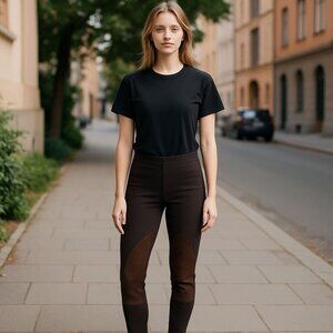 Bisou Bisou Ponte Knit Leggings Real Leather Patch Brown Size M